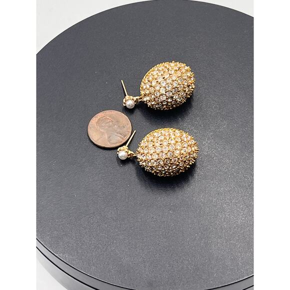 Oscar de la renta Signed Crystal Dome Pearl Drop Repurposed Earrings Repaired - Picture 6 of 8